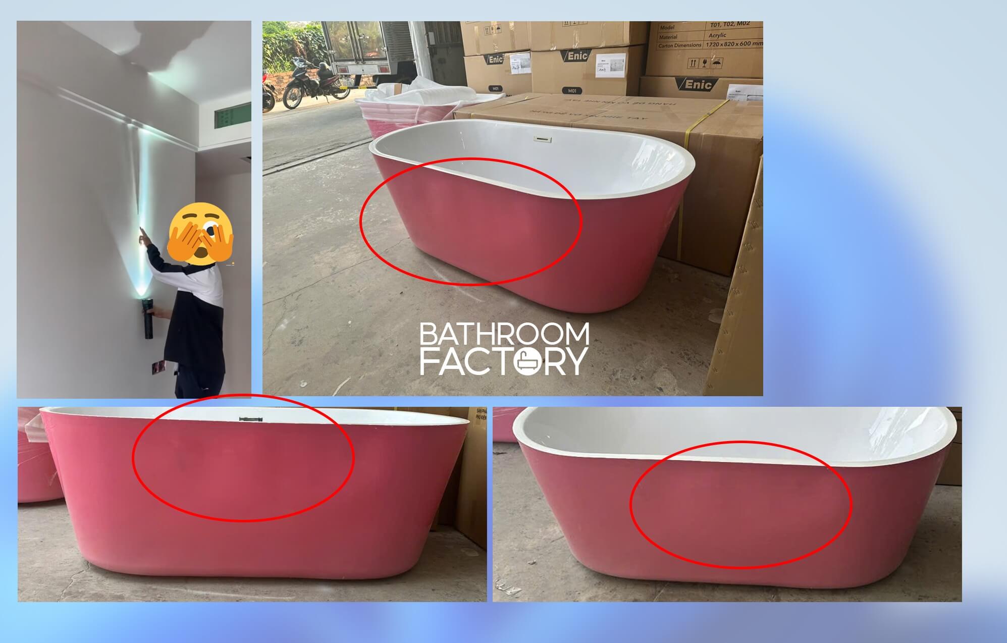 Hình ảnh bề mặt bồn tắm bị lỗi gợn sóng được soi bằng đèn pin